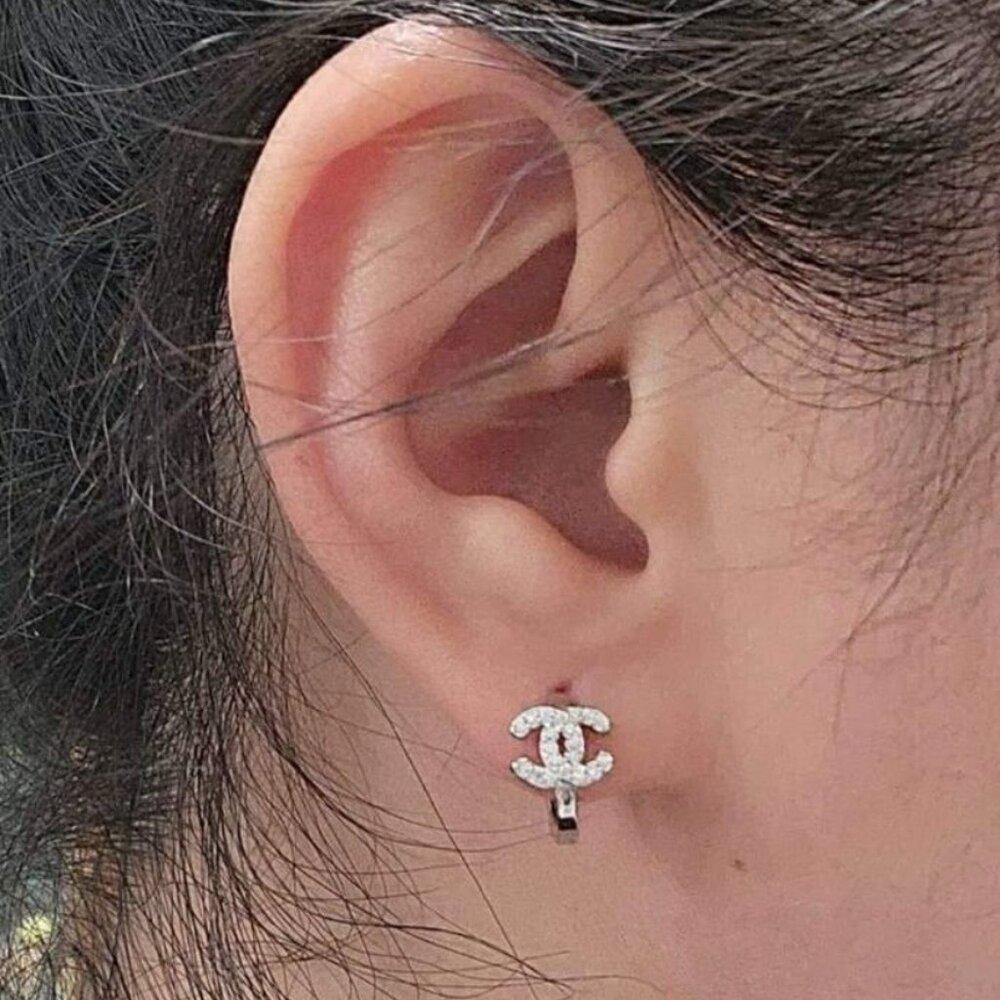 Classic Chanel CC Petite Silver Hoop Earrings with Crystal Accents